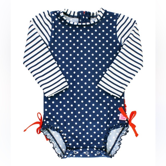 Ruffle Butts Other - Ruffle Butts Navy Polka Dot Long-Sleeve Rash Guard One-Piece size 18-24 months